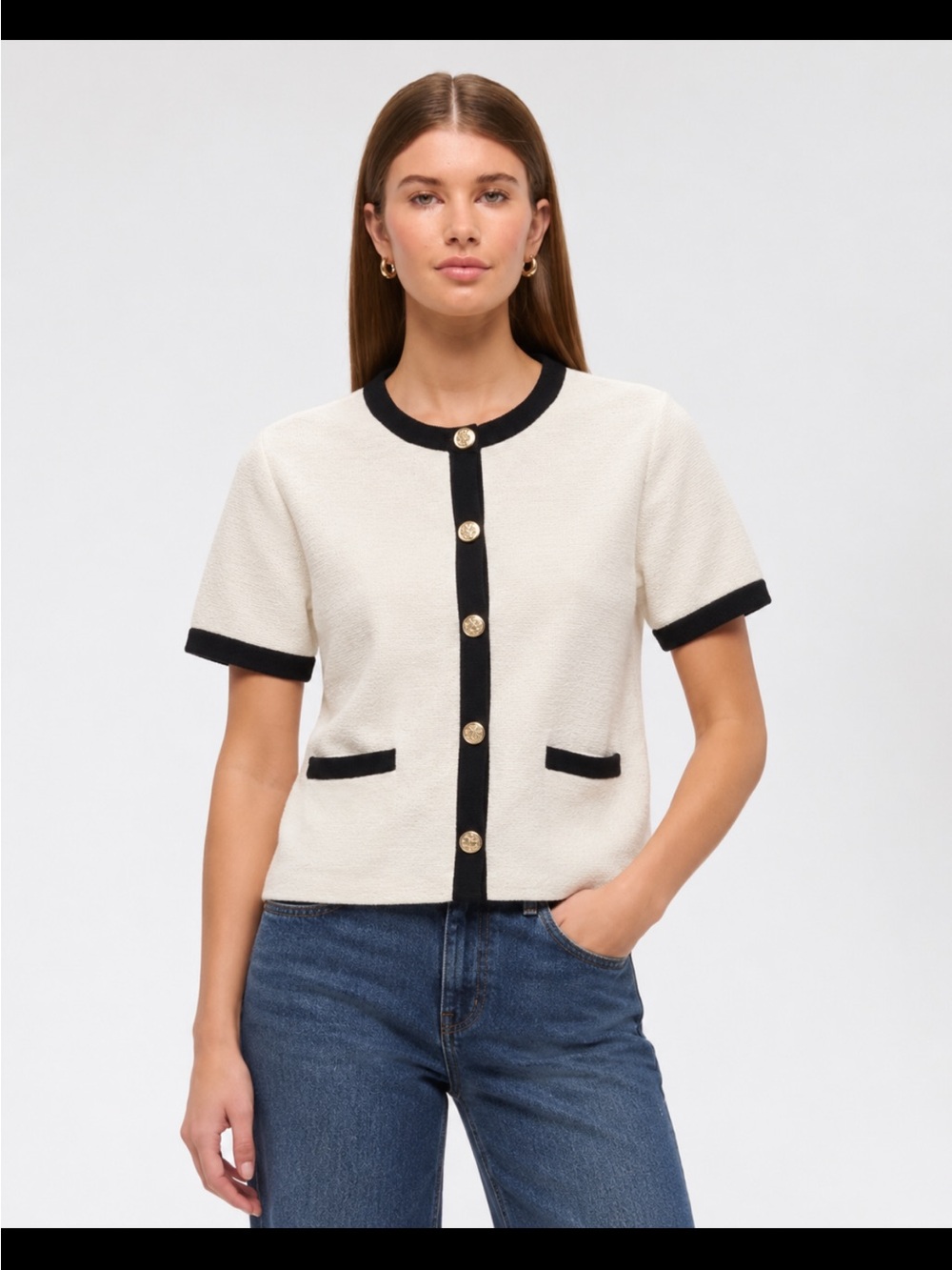 Abercrombie & Fitch White Short-Sleeve Cardigan with Black Trim